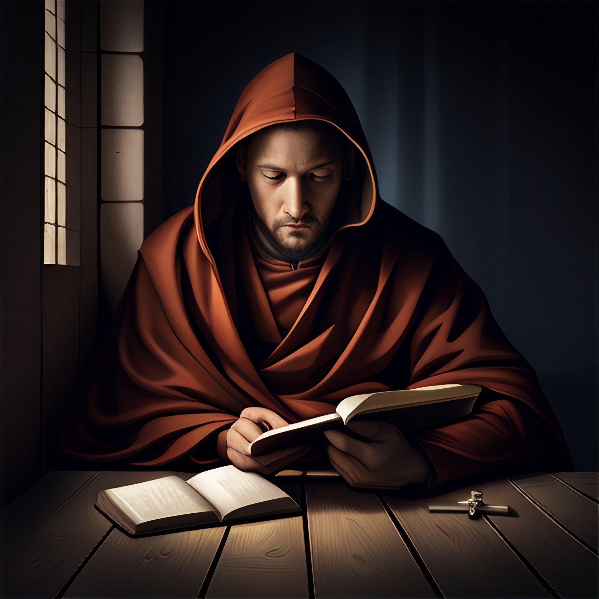 Hooded monk with a book and a crucifix